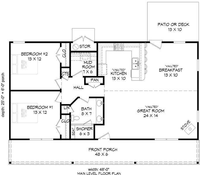 Ranch Home Plan - 2 Bedrms, 1 Baths - 1185 Sq Ft - #196-1120