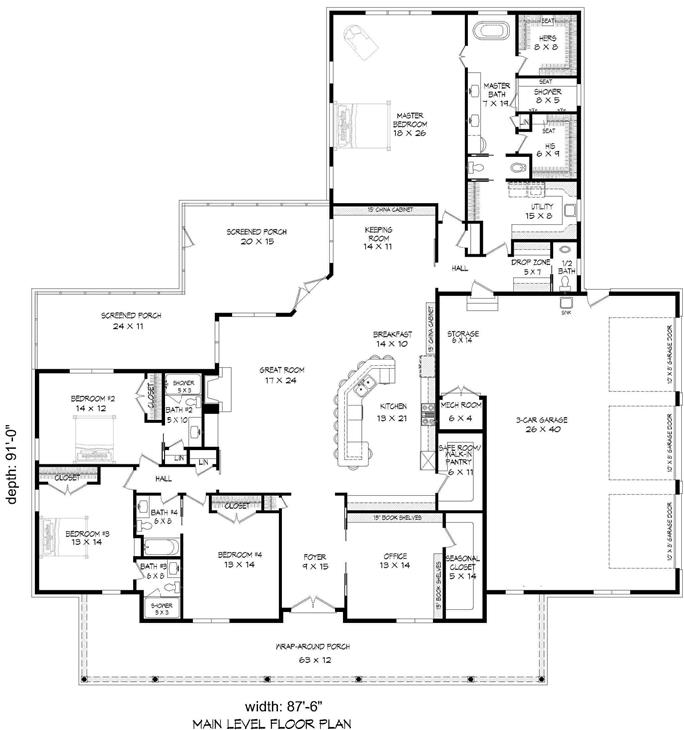 Ranch Home Plan - 4 Bedrms, 4.5 Baths - 3617 Sq Ft - #196-1171