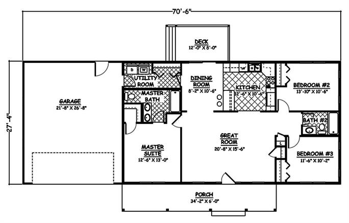 Ranch House Plan - 3 Bedrms, 2 Baths - 1324 Sq Ft - #200-1005