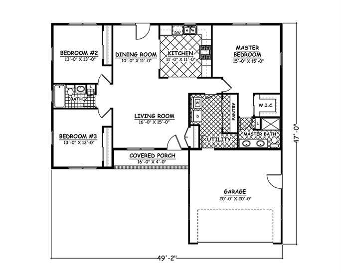 Ranch Home Plan - 3 Bedrms, 2 Baths - 1380 Sq Ft - #200-1023