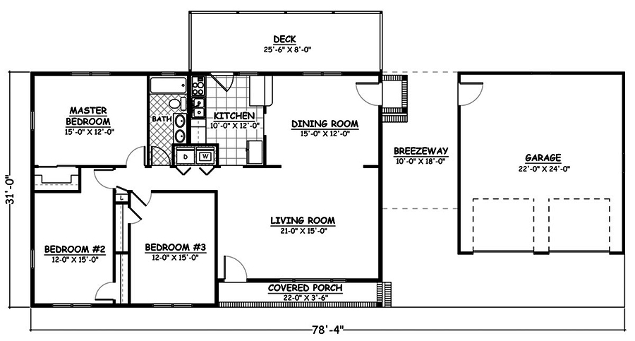 Ranch Home Plan - 3 Bedrms, 1 Baths - 1366 Sq Ft - #200-1038