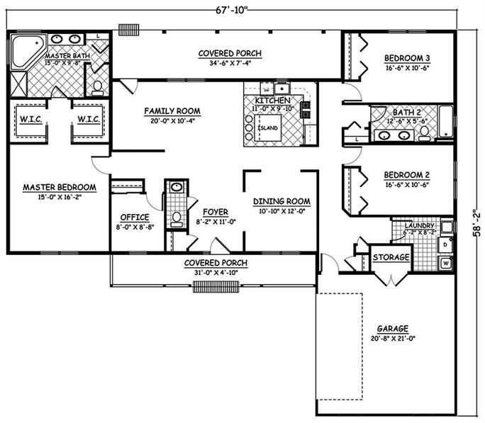 Ranch House Plan - 3 Bedrms, 2.5 Baths - 1975 Sq Ft - #200-1048