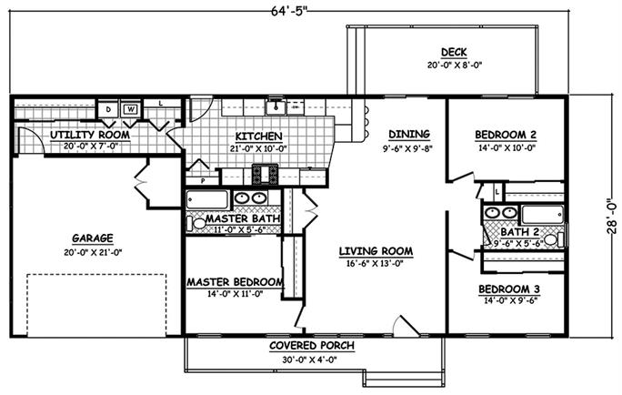 Ranch House Plan - 3 Bedrms, 2 Baths - 1392 Sq Ft - #200-1058