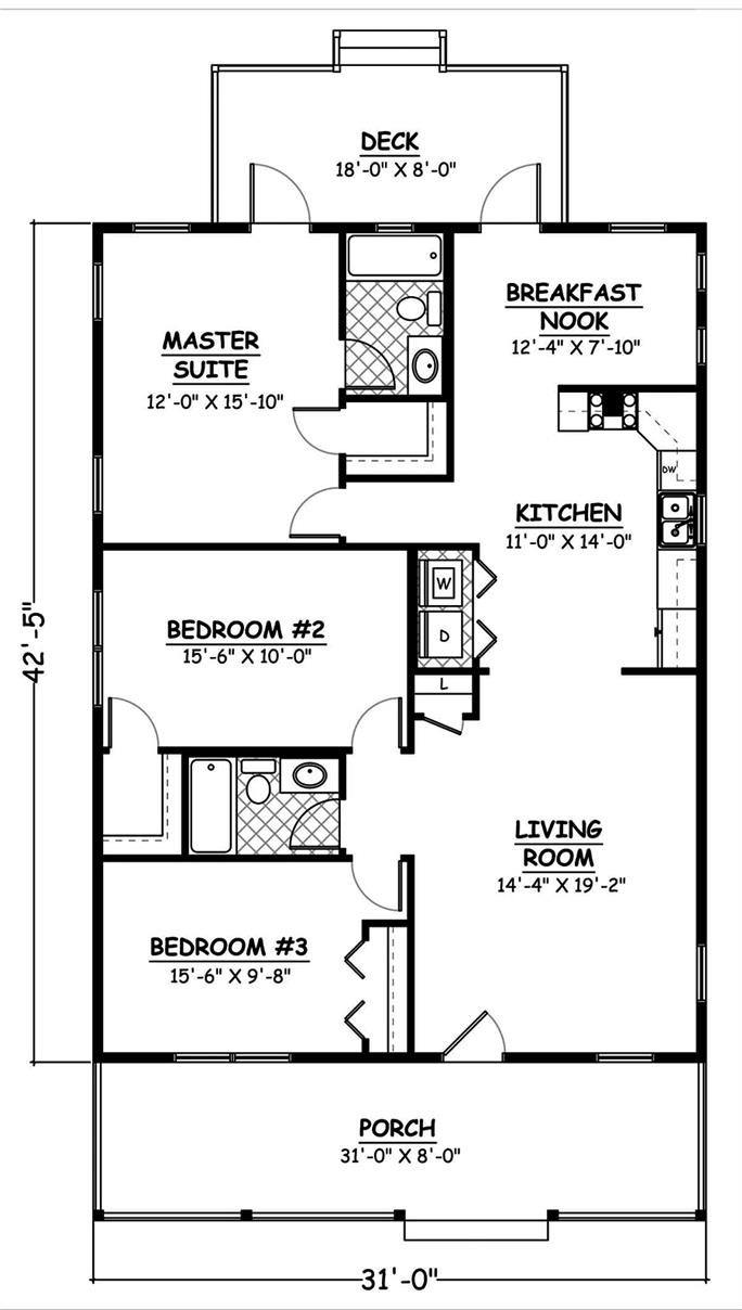 Cottage Floor Plan - 3 Bedrms, 2 Baths - 1315 Sq Ft - #200-1062