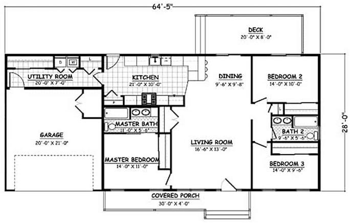 Ranch House - 3 Bedrms, 2 Baths - 1392 Sq Ft - Plan #200-1071