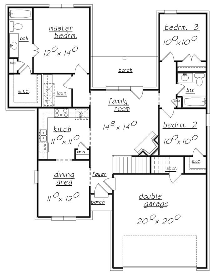 Texas Style House Plan - 3 Bedrms, 3 Baths - 1639 Sq Ft - #203-1023