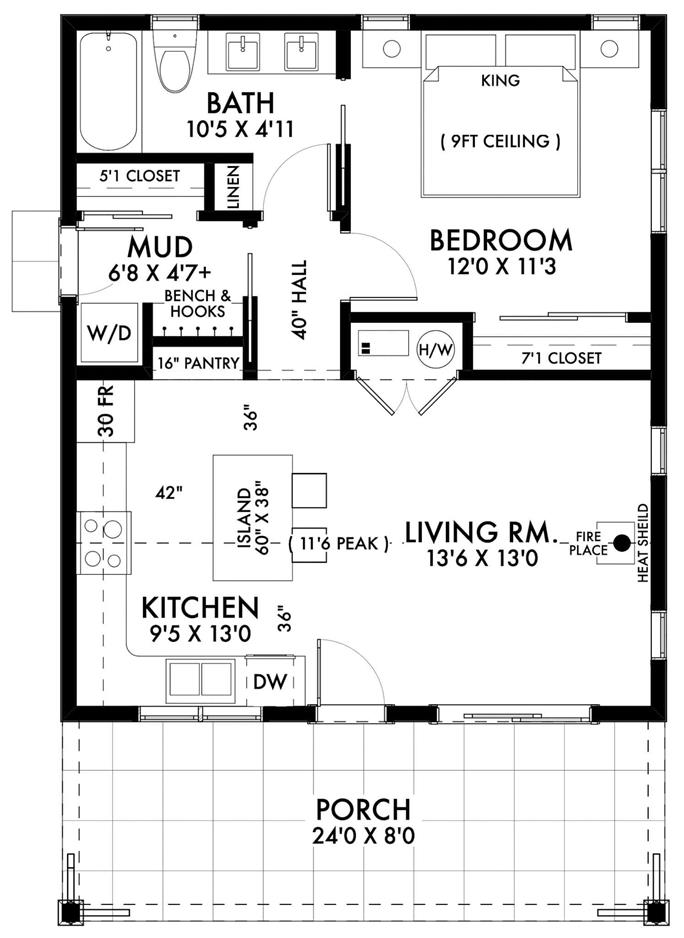 Farmhouse Home Plan - 1 Bedrms, 1 Baths - 672 Sq Ft - #211-1070