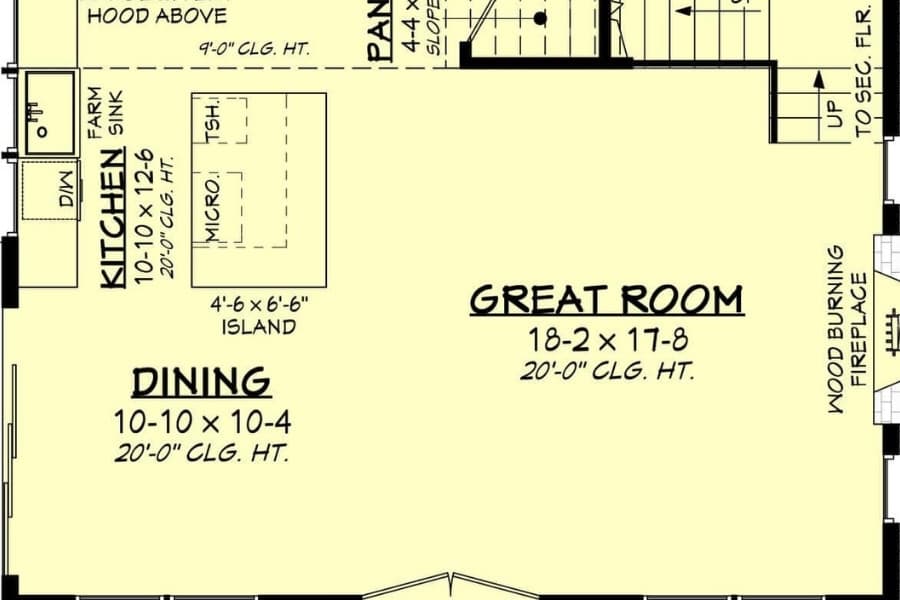 Open floor plan blueprint showing connected great room, kitchen, and dining spaces