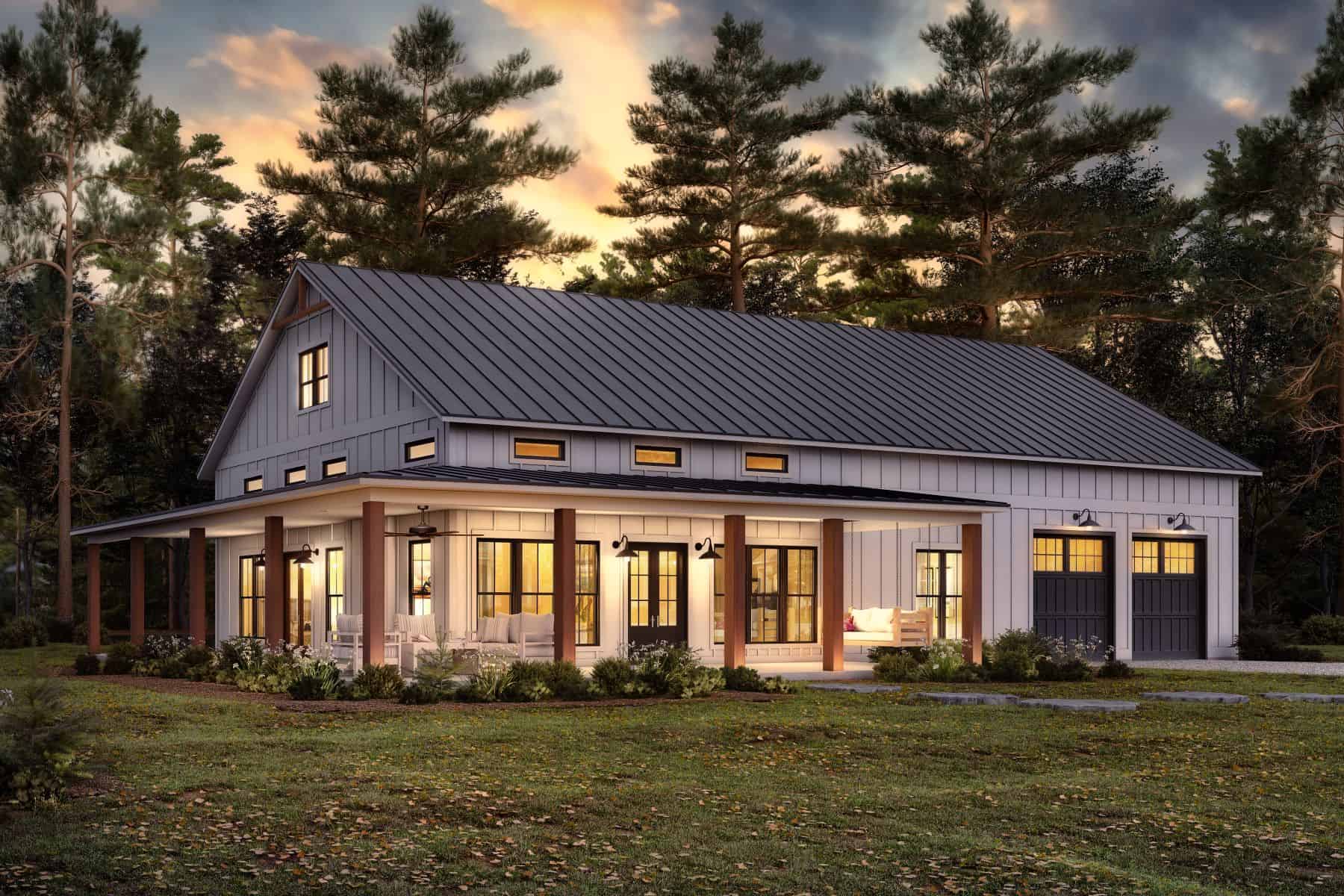 3-bedroom barndominium house plan with wraparound porch and oversized garage