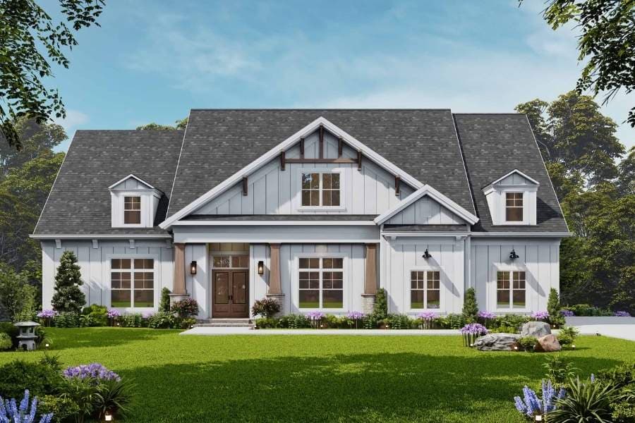 Modern farmhouse exterior with broad front elevation and open floor plan layout