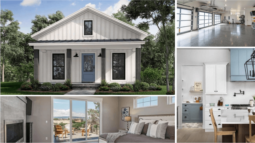 Modern home exterior, garage, kitchen, bedroom, and outdoor living collage